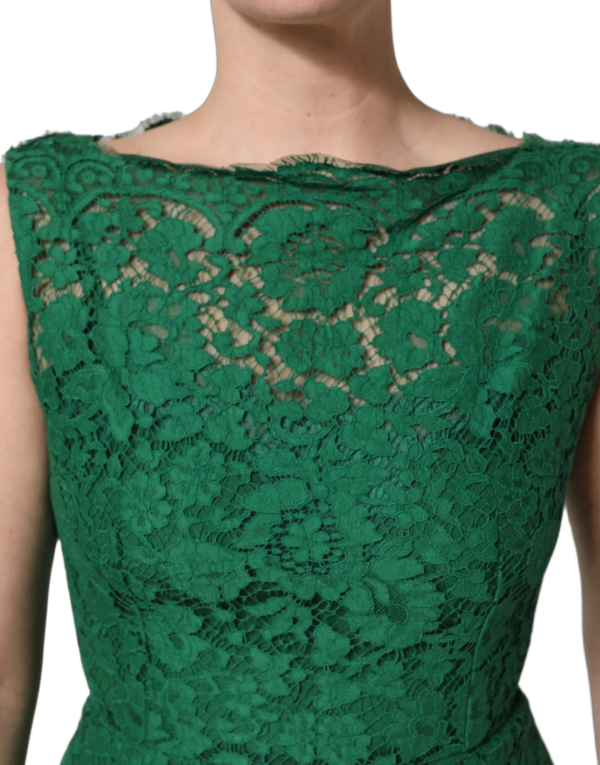 Dolce & Gabbana Grünes Blumen-Spitzenkleid aus Baumwolle, ärmellos, Midikleid