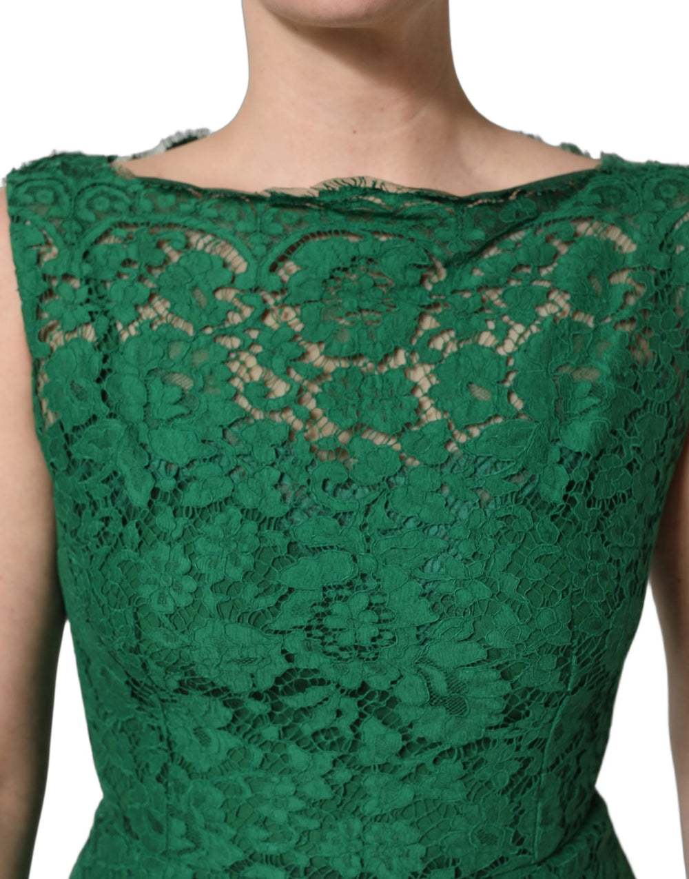 Dolce & Gabbana Grünes Blumen-Spitzenkleid aus Baumwolle, ärmellos, Midikleid