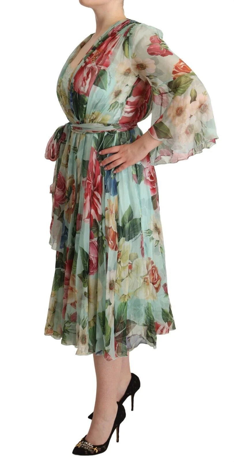Dolce & Gabbana Green Floral Long Sleeves V-neck Midi Dress - Dresses