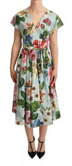 Dolce & Gabbana Green Floral Short Sleeves Cotton V-neck Dress - Dresses