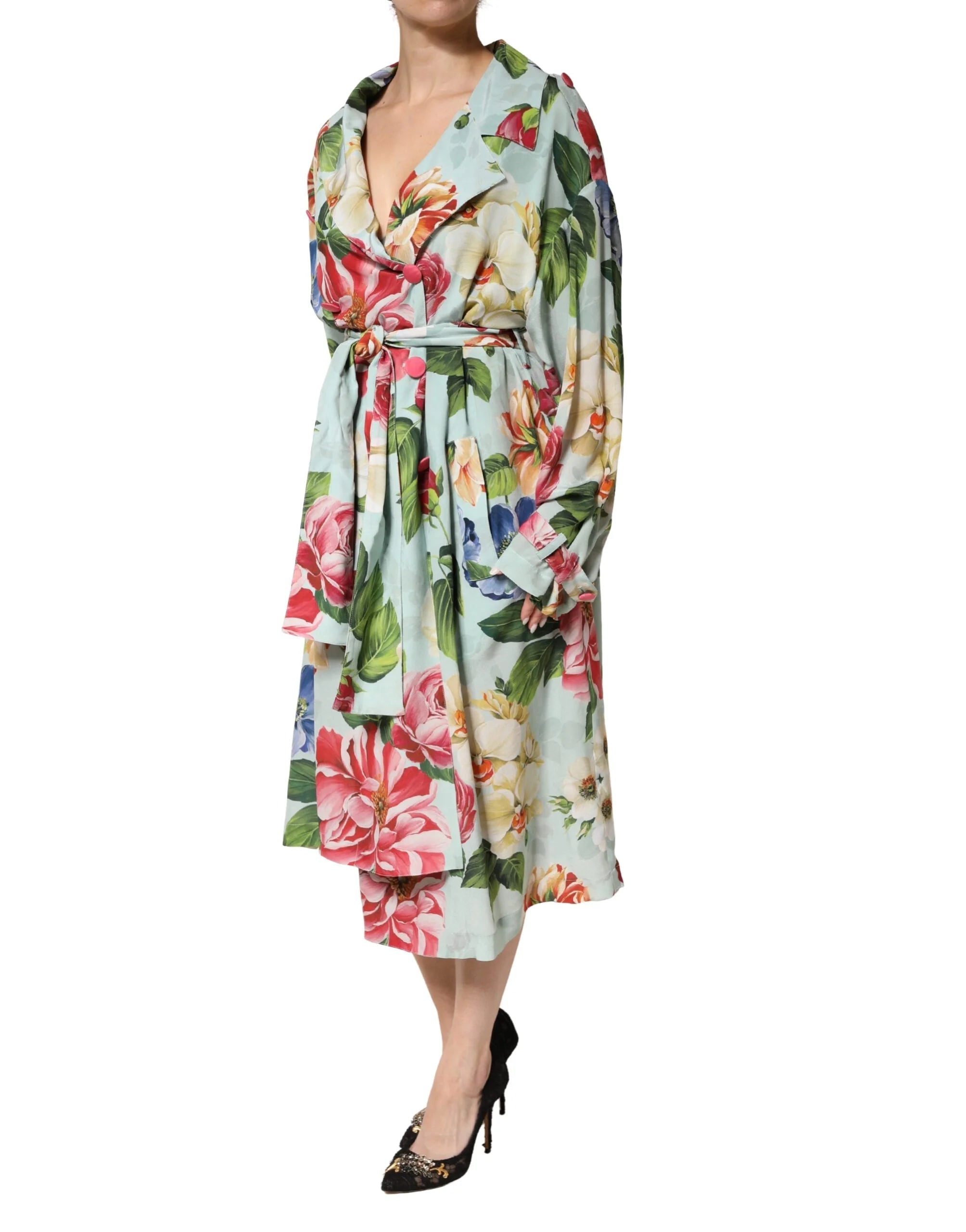 Dolce & Gabbana Green Floral Silk Wrap Midi Long Sleeve Dress - IT42|M