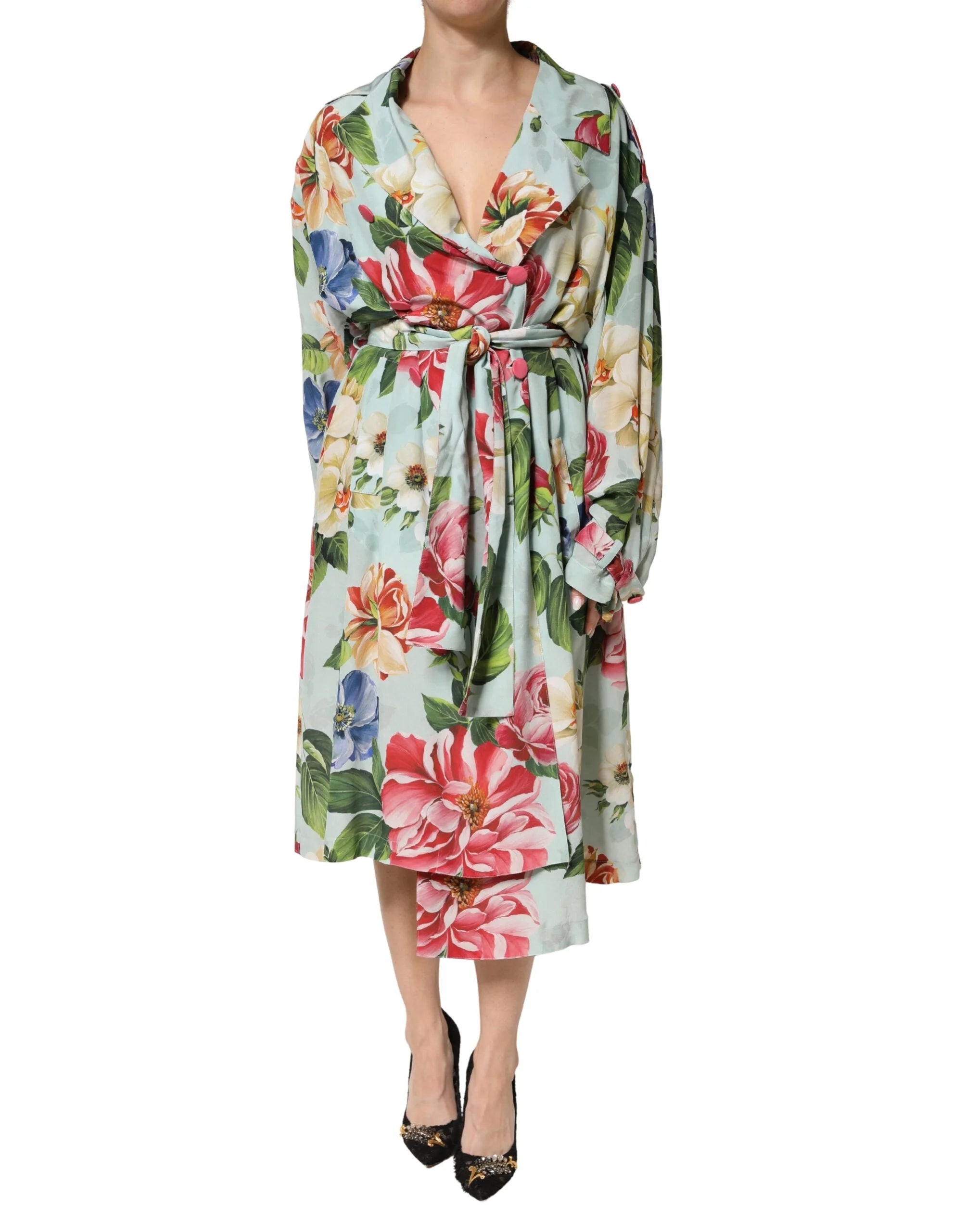 Dolce & Gabbana Green Floral Silk Wrap Midi Long Sleeve Dress - IT42|M