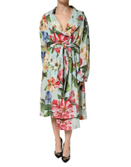 Dolce & Gabbana Green Floral Silk Wrap Midi Long Sleeve Dress - IT42|M