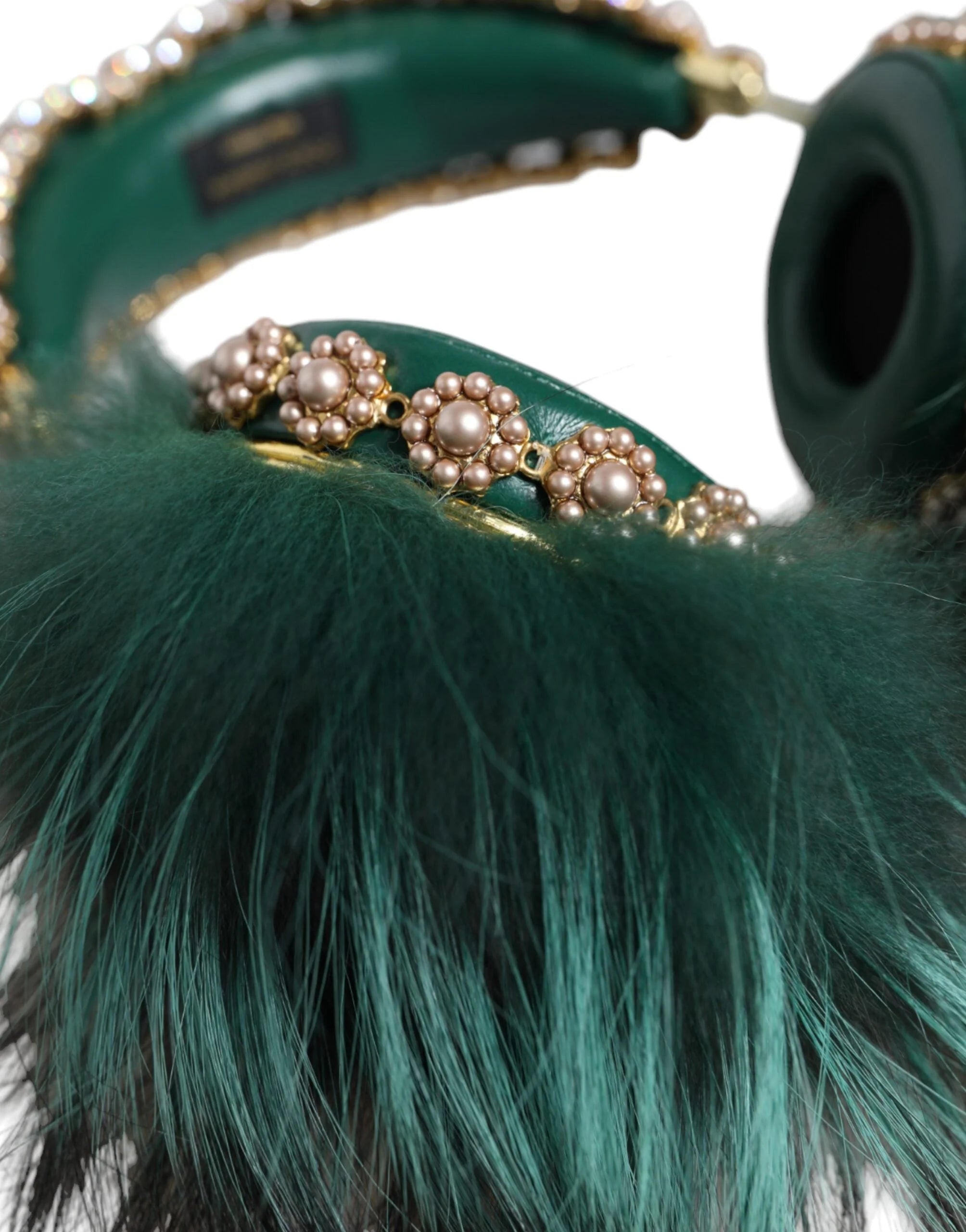 Dolce & Gabbana Green Gold Crystal Fur Headset Audio AUX Headphones - Headsets