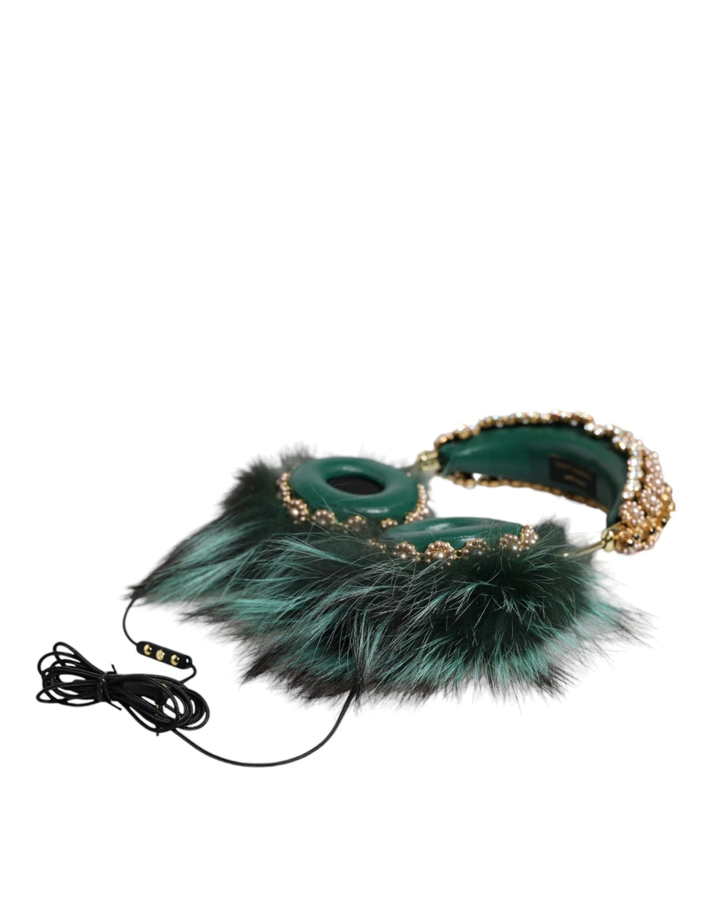 Dolce & Gabbana Green Gold Crystal Fur Headset Audio AUX Headphones - Headsets