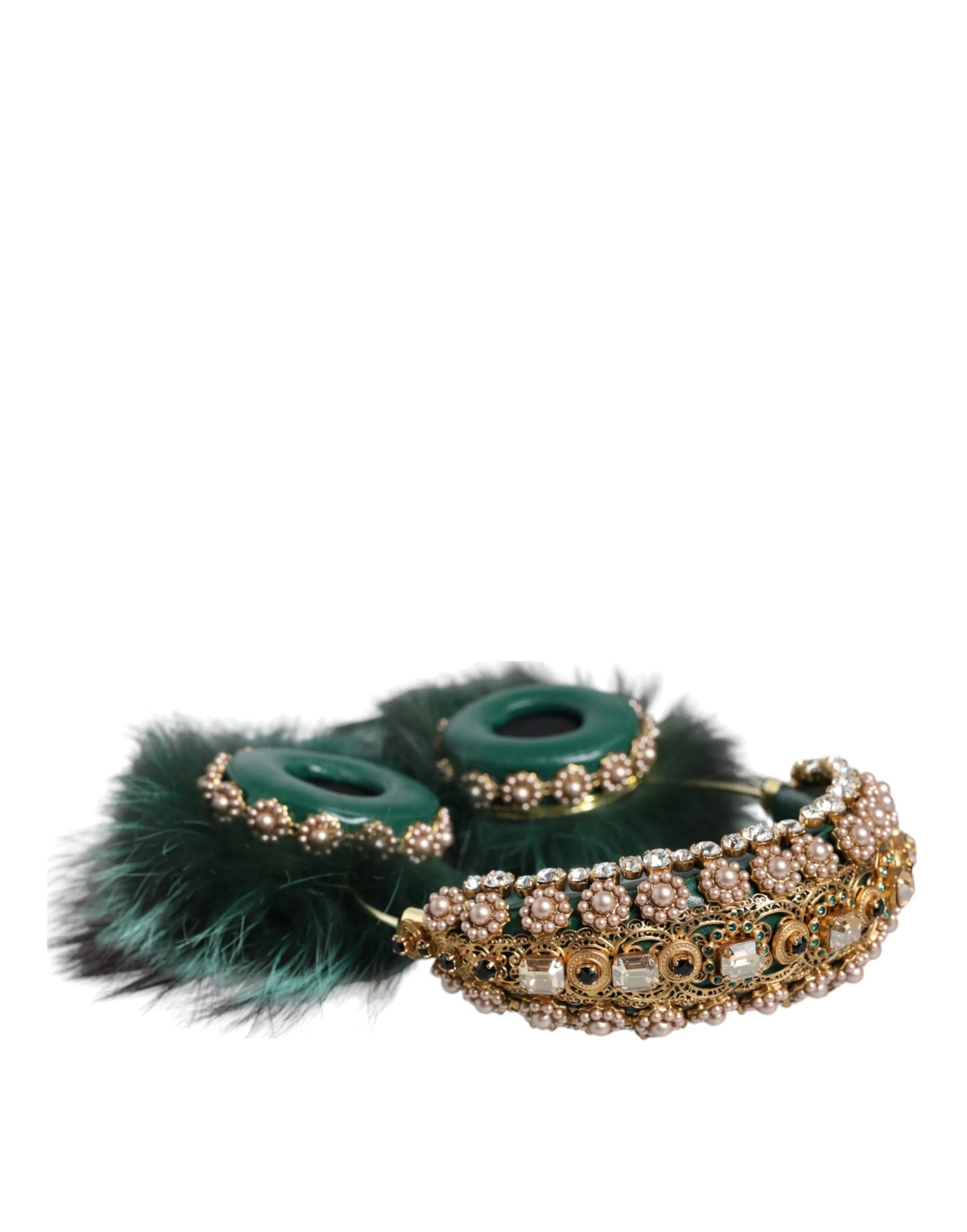 Dolce & Gabbana Green Gold Crystal Fur Headset Audio AUX Headphones - Headsets