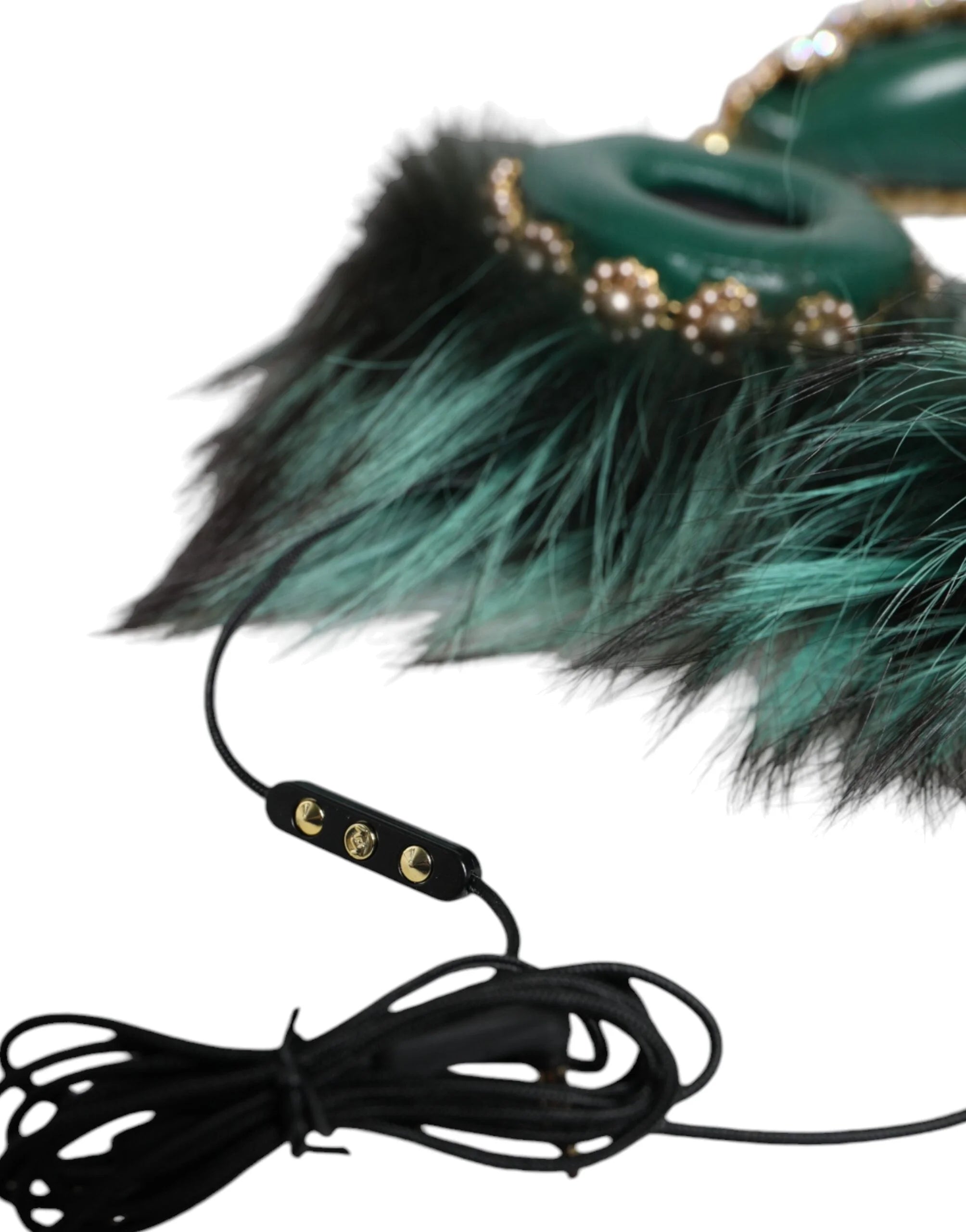Dolce & Gabbana Green Gold Crystal Fur Headset Audio AUX Headphones - Headsets
