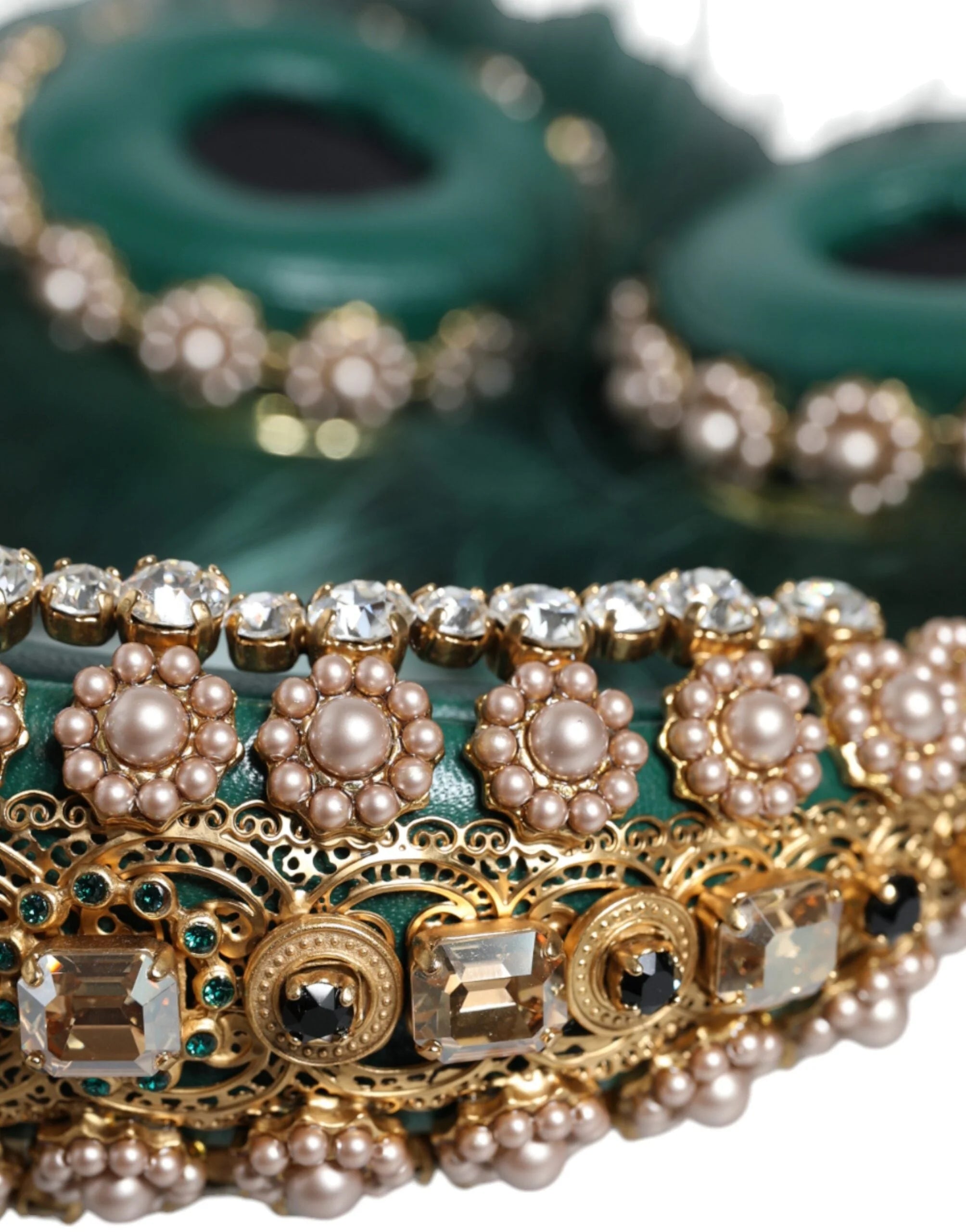 Dolce & Gabbana Green Gold Crystal Fur Headset Audio AUX Headphones - Headsets