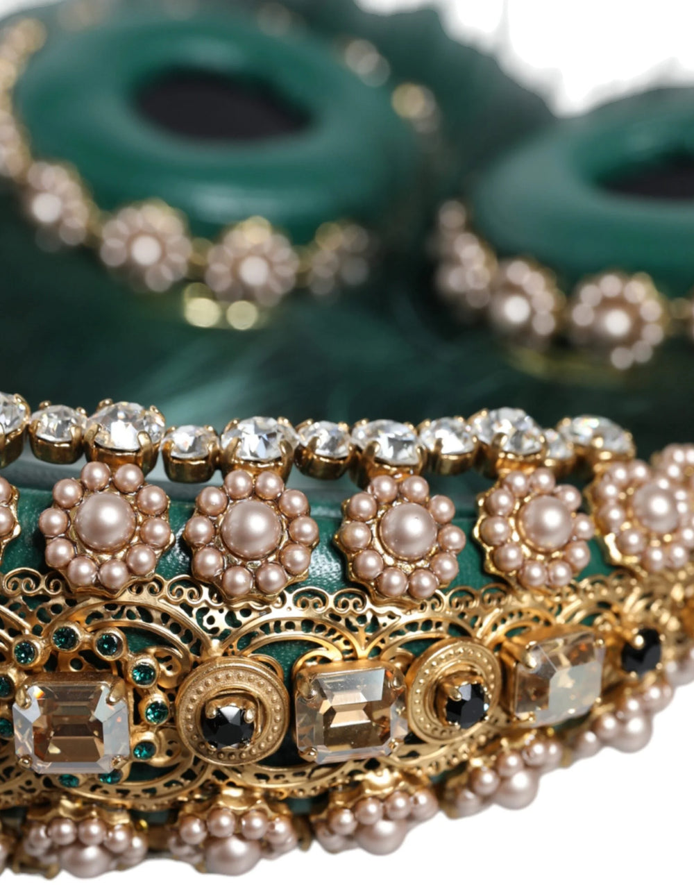 Dolce & Gabbana Green Gold Crystal Fur Headset Audio AUX Headphones - Headsets