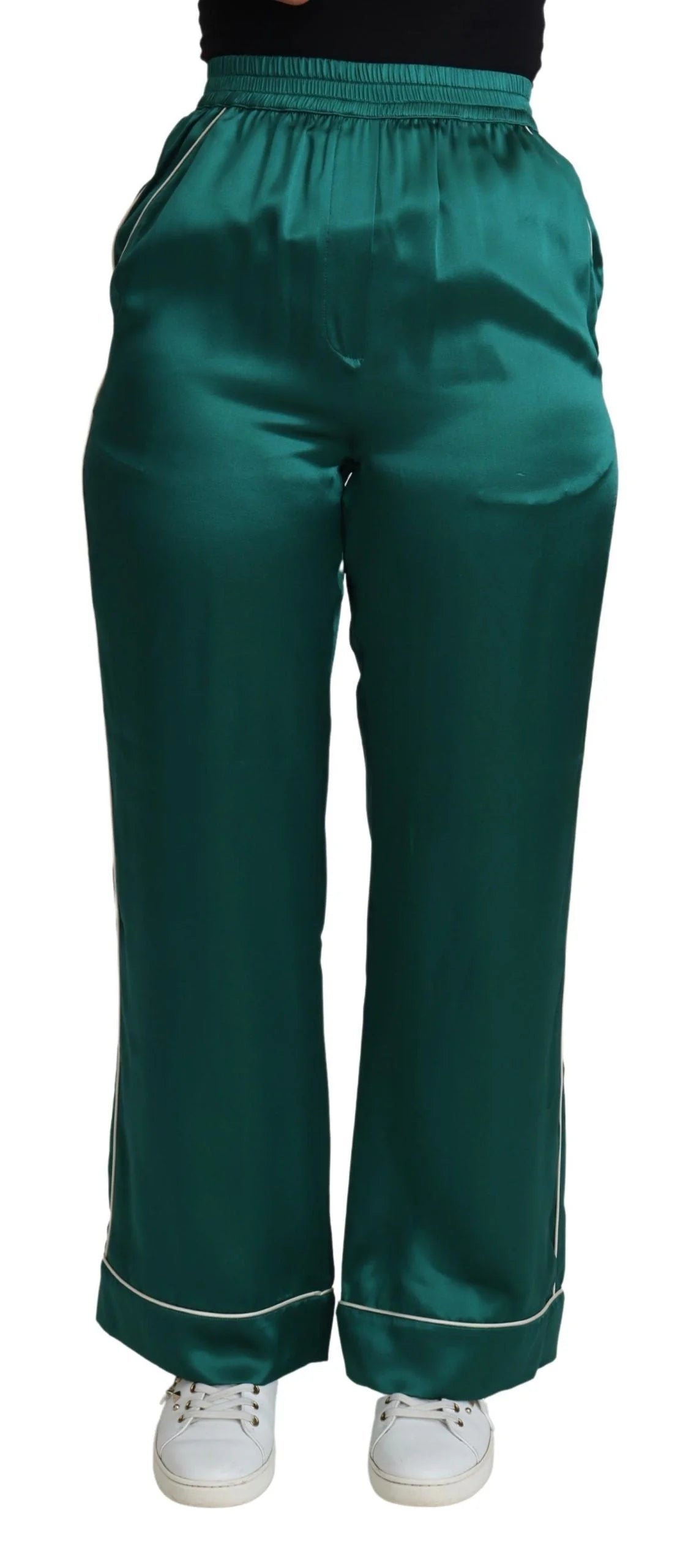 Dolce & Gabbana Green High Waist Pajama Trouser Silk Pant - IT36 | XS - Pajamas