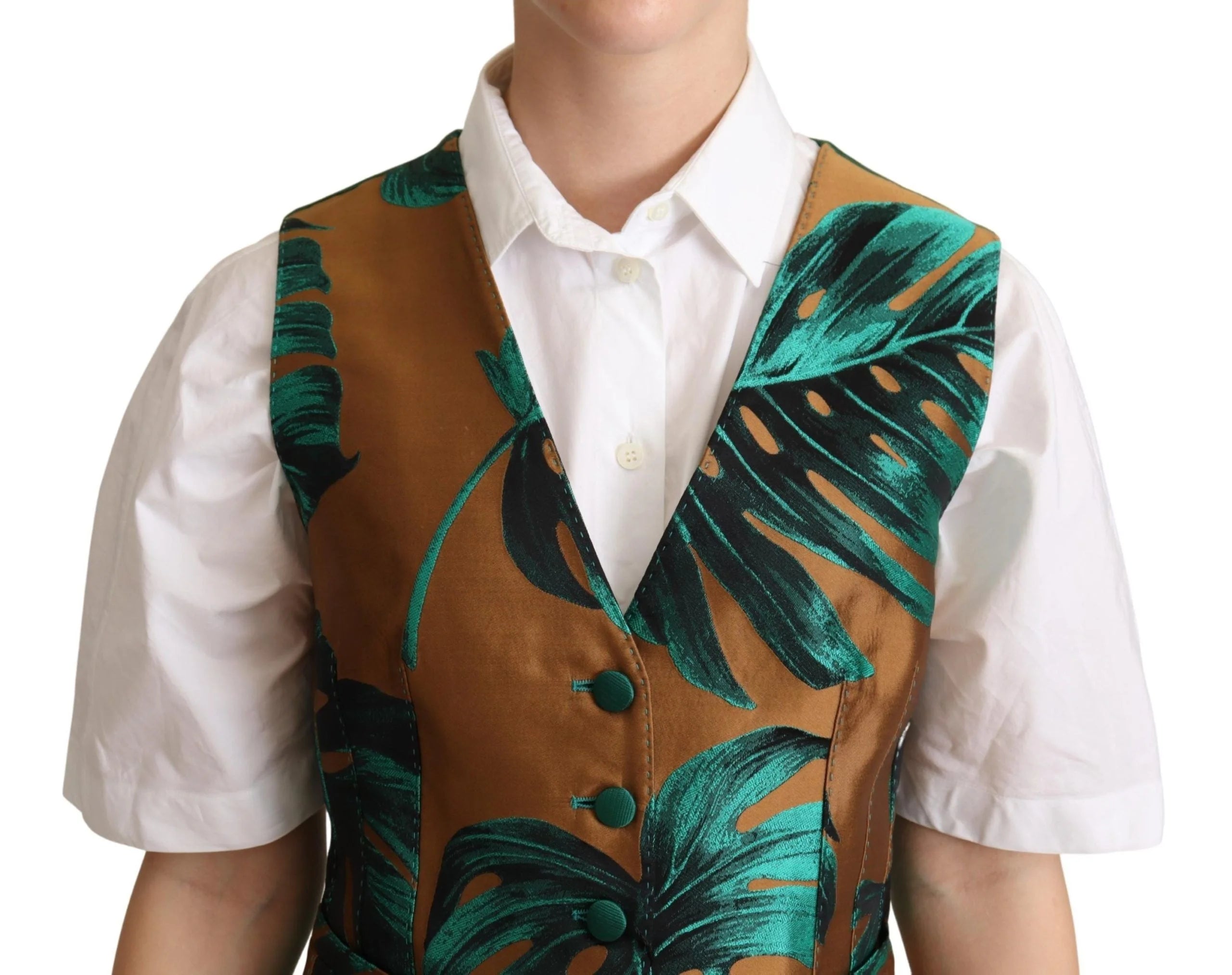 Dolce & Gabbana Green Jacquard Leaf Gold Waistcoat Vest - Vests