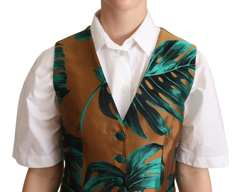 Dolce & Gabbana Green Jacquard Leaf Gold Waistcoat Vest - Vests