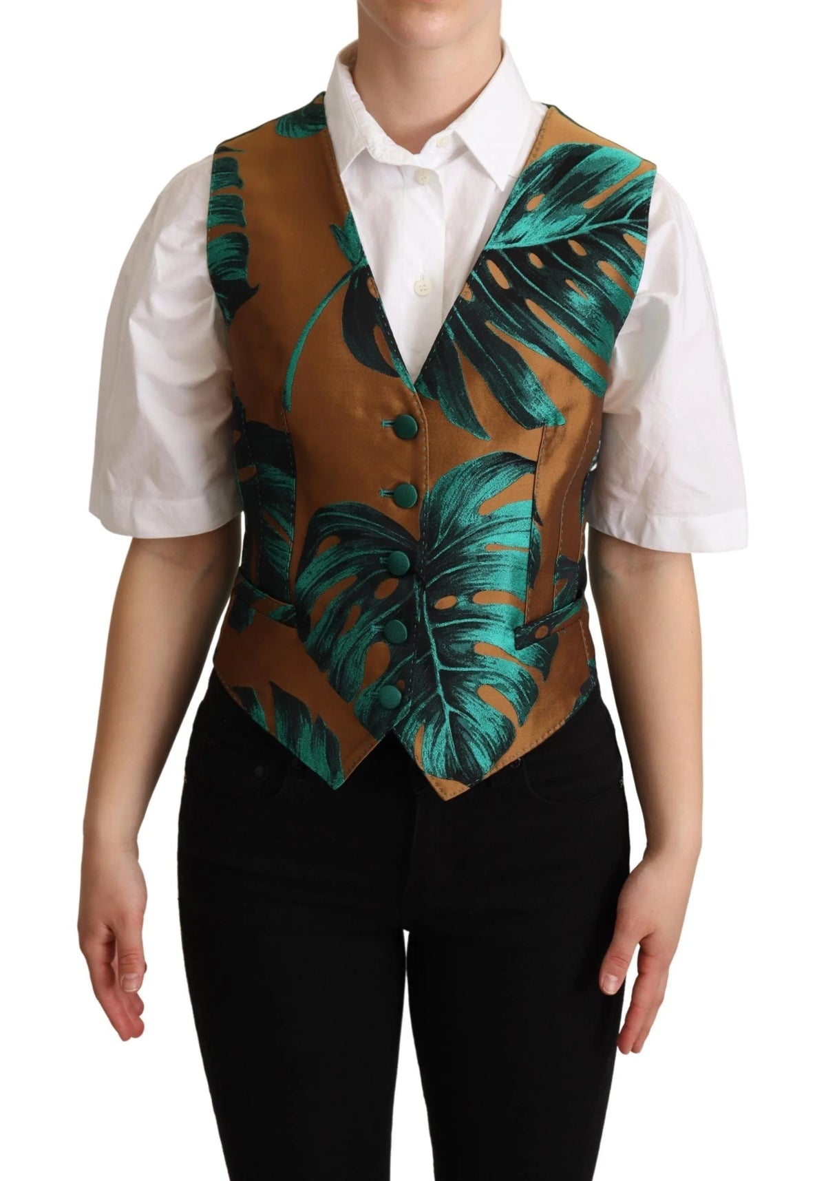 Dolce & Gabbana Green Jacquard Leaf Gold Waistcoat Vest - Vests