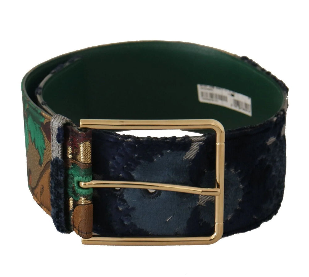 Dolce & Gabbana Green Jaquard Embroid Leather Gold Metal Belt - 70 cm / 28 Inches - Belts