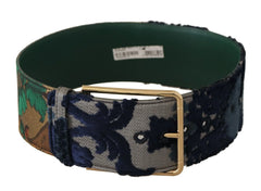 Dolce & Gabbana Green Jaquard Embroid Leather Gold Metal Belt - 70 cm / 28 Inches - Belts