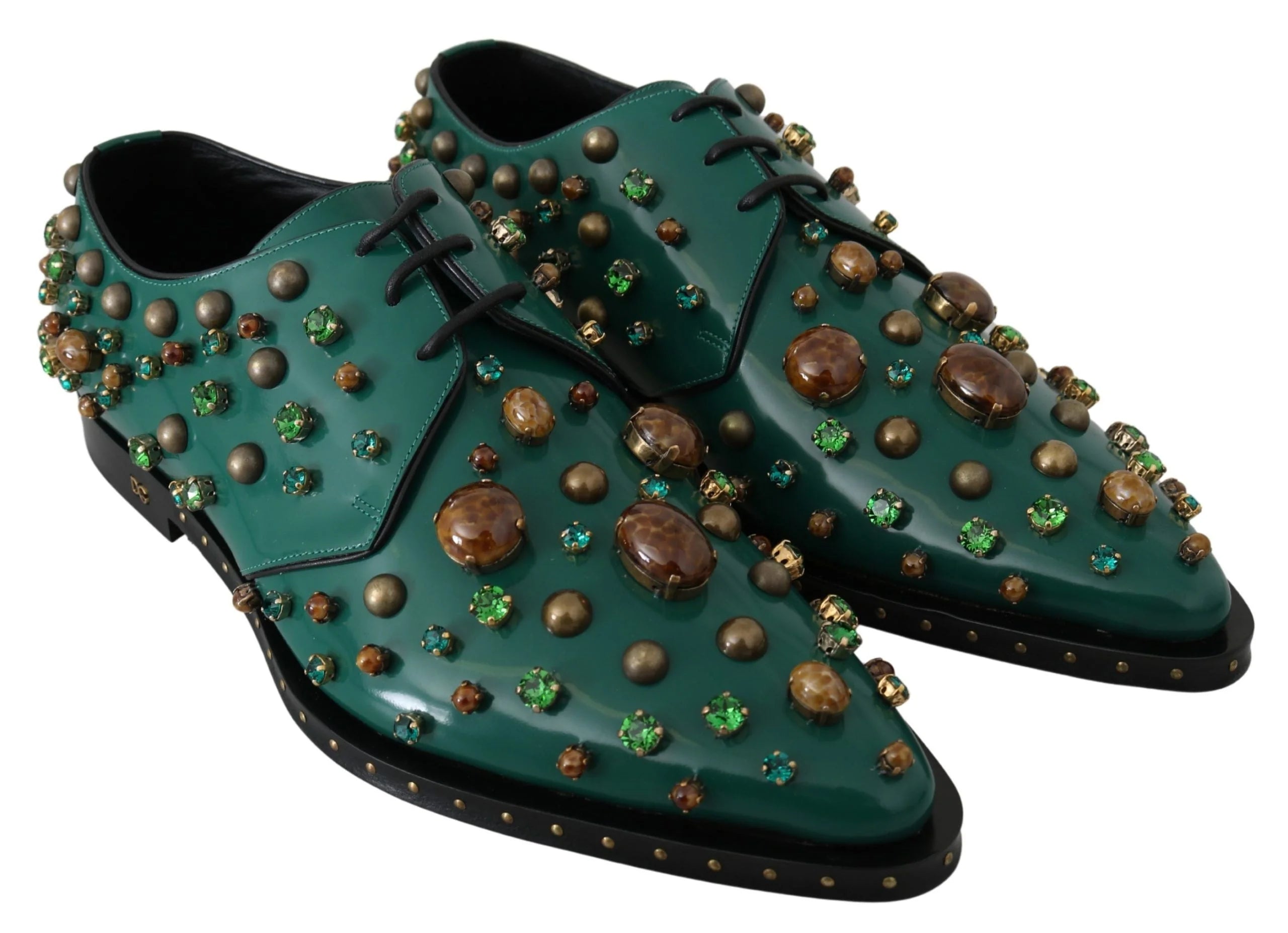 Dolce & Gabbana Green Leather Crystal Dress Broque Shoes - EU41/US10.5 - Flats