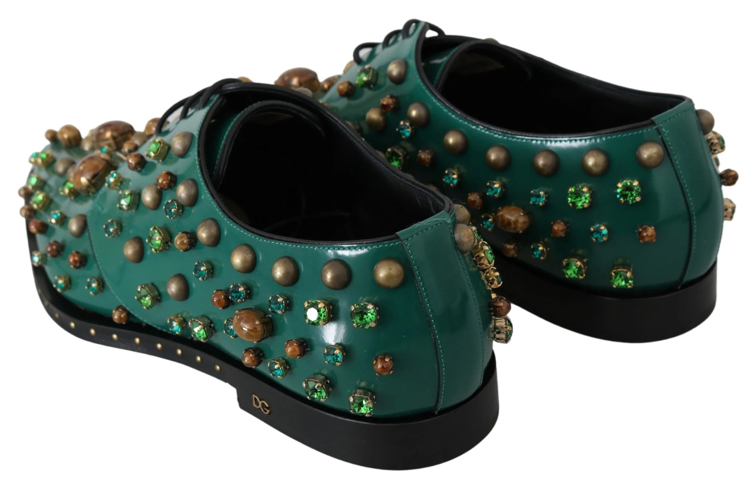 Dolce & Gabbana Green Leather Crystal Dress Broque Shoes - EU41/US10.5 - Flats