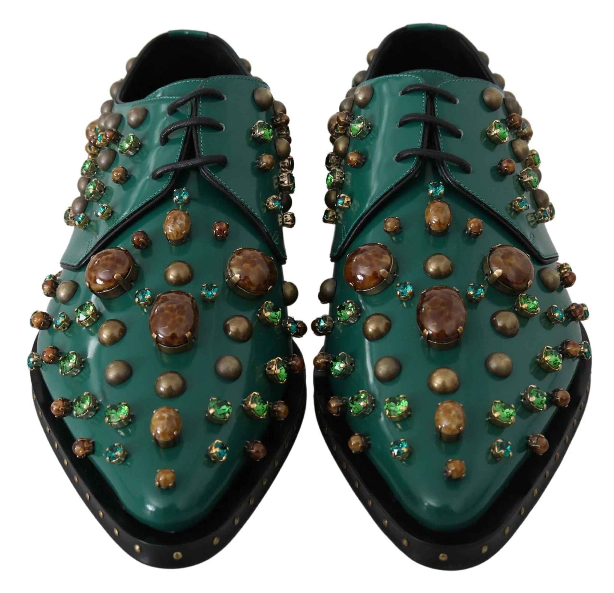 Dolce & Gabbana Green Leather Crystal Dress Broque Shoes - EU41/US10.5 - Flats