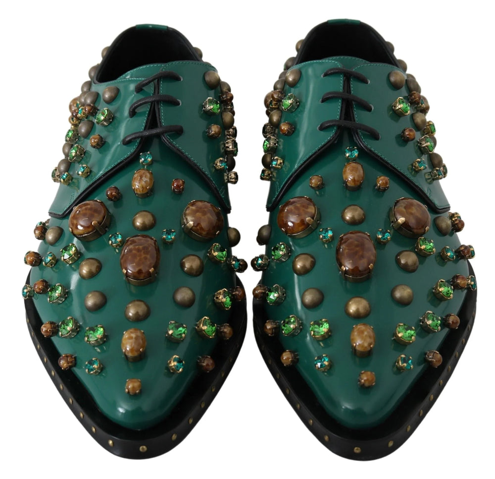 Dolce & Gabbana Green Leather Crystal Dress Broque Shoes - EU41/US10.5 - Flats