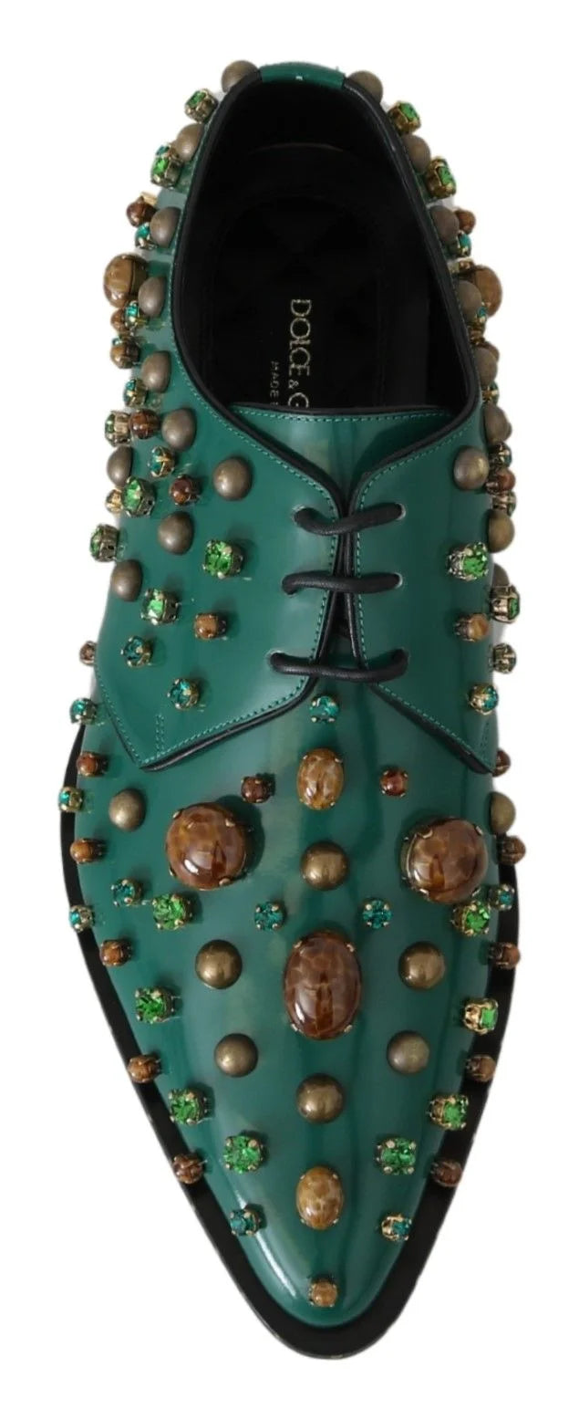 Dolce & Gabbana Green Leather Crystal Dress Broque Shoes - EU41/US10.5 - Flats