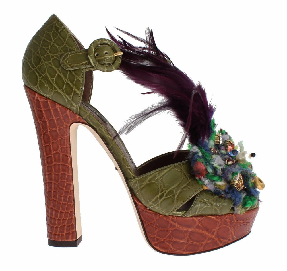 Dolce & Gabbana Green Leather Crystal Platform Sandal Shoes - Sandals