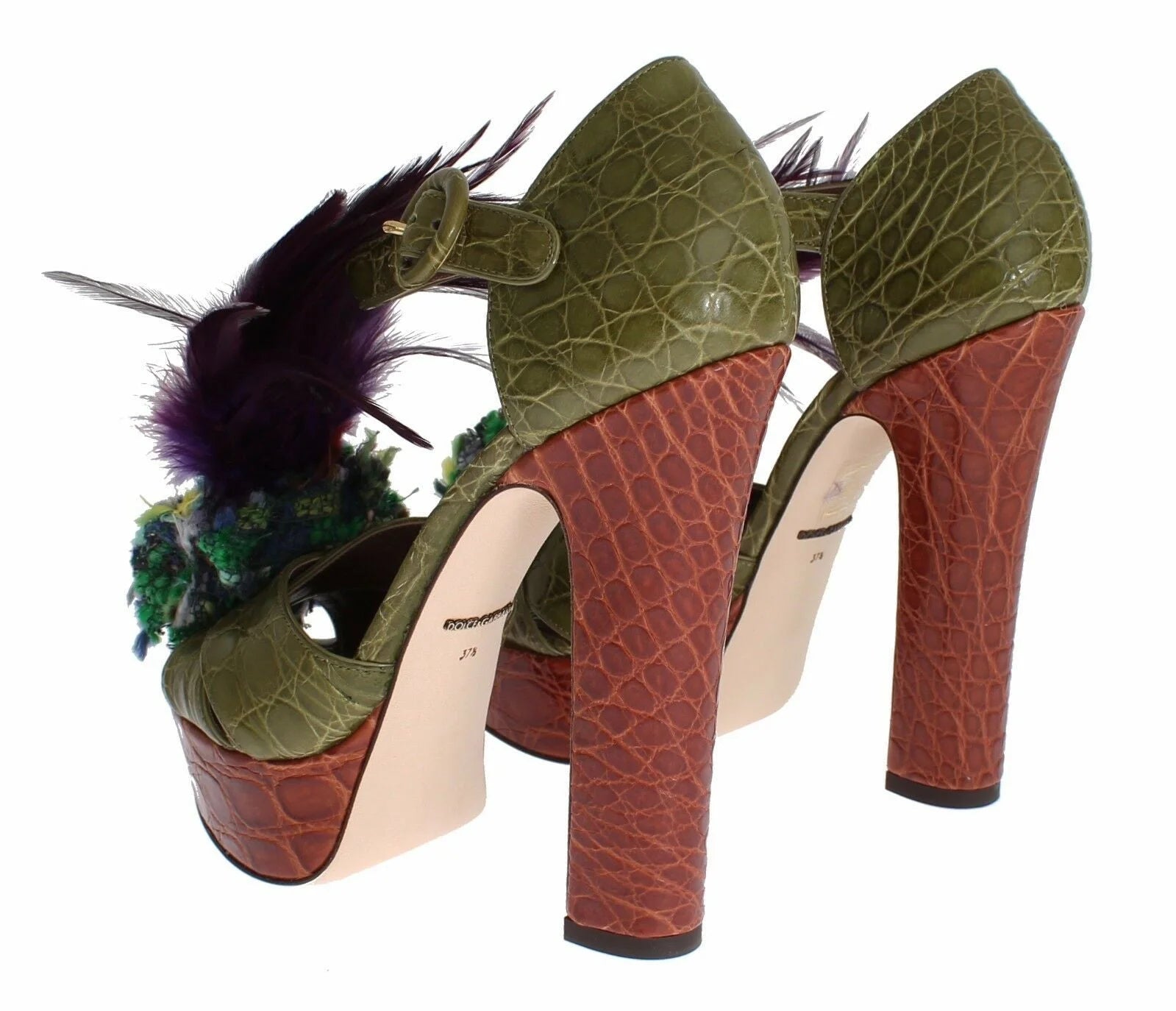 Dolce & Gabbana Green Leather Crystal Platform Sandal Shoes - Sandals