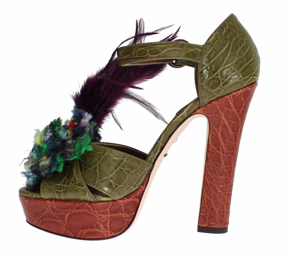 Dolce & Gabbana Green Leather Crystal Platform Sandal Shoes - Sandals