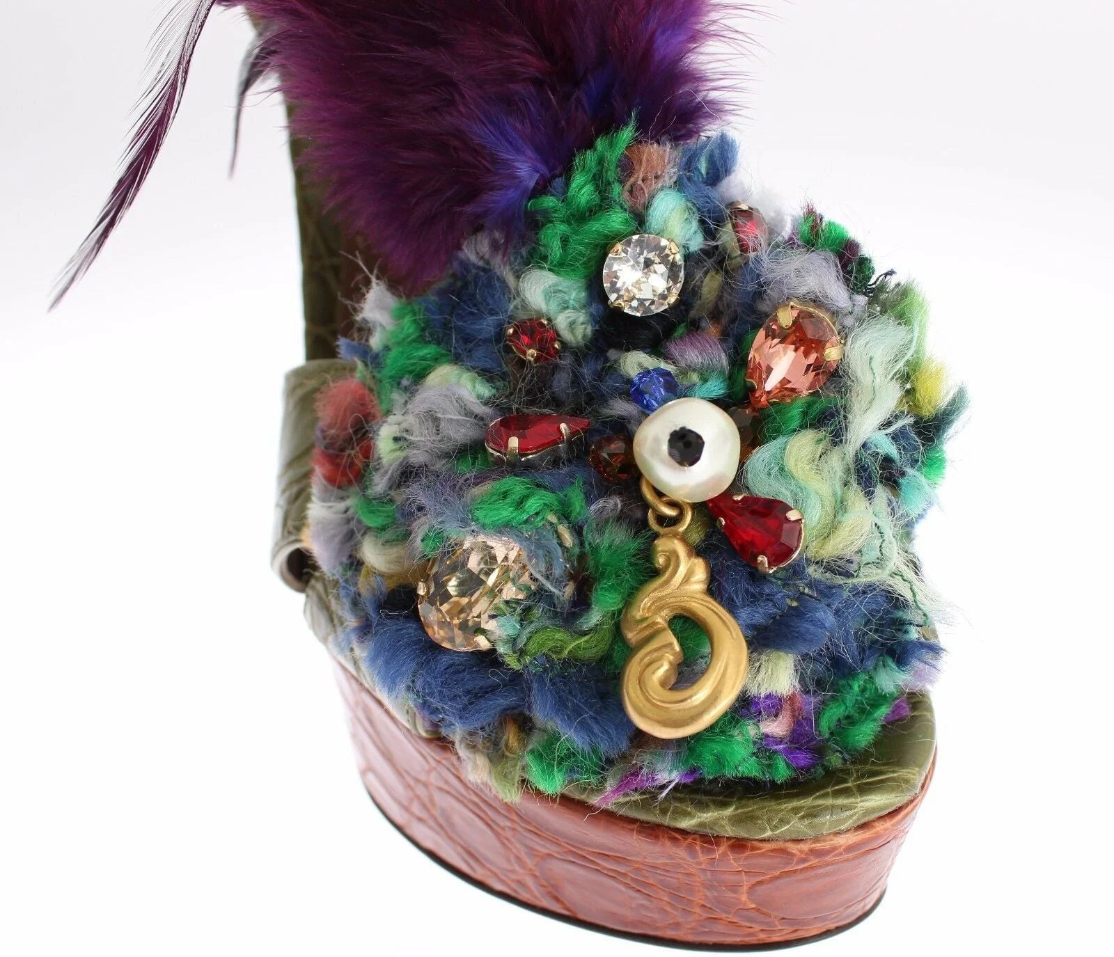 Dolce & Gabbana Green Leather Crystal Platform Sandal Shoes - Sandals