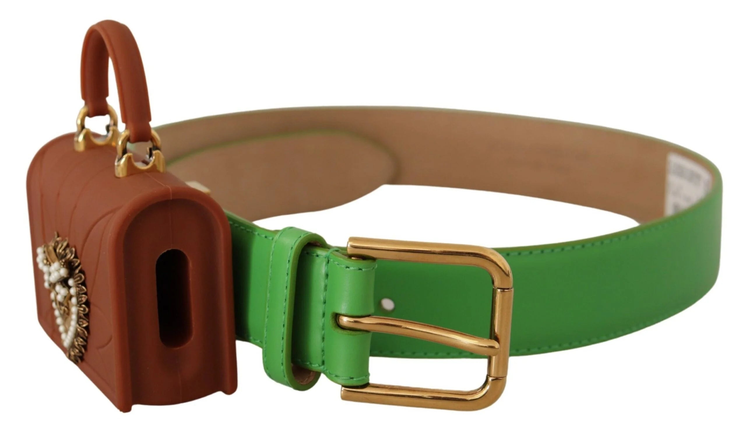 Ceinture Dolce & Gabbana Devotion en cuir vert avec un micro sac en forme de cœur et un compartiment intégré pour écouteurs.