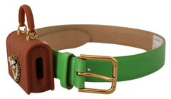 Ceinture Dolce & Gabbana Devotion en cuir vert avec un micro sac en forme de cœur et un compartiment intégré pour écouteurs.