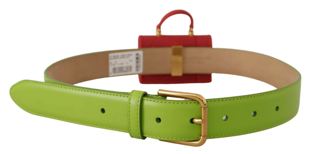 Dolce & Gabbana green leather Devotion belt featuring a micro heart bag for headphones, front view.