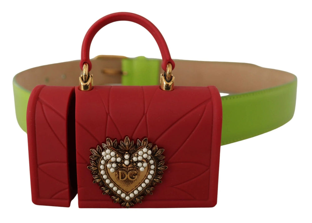 Detail shot of the textured green leather and precise stitching on the Dolce & Gabbana Devotion accessory.
