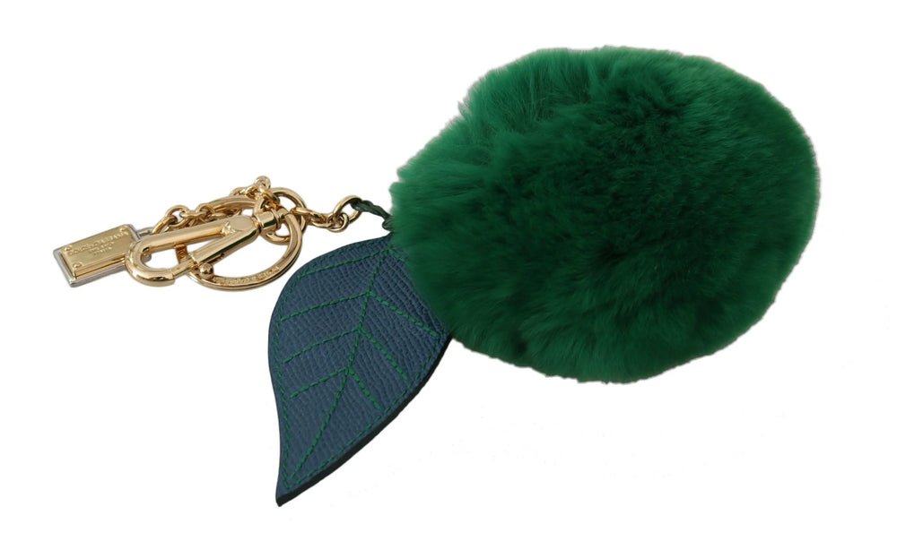 Dolce & Gabbana Green Leather Fur Gold Clasp Keyring Women Keychain - Keychains