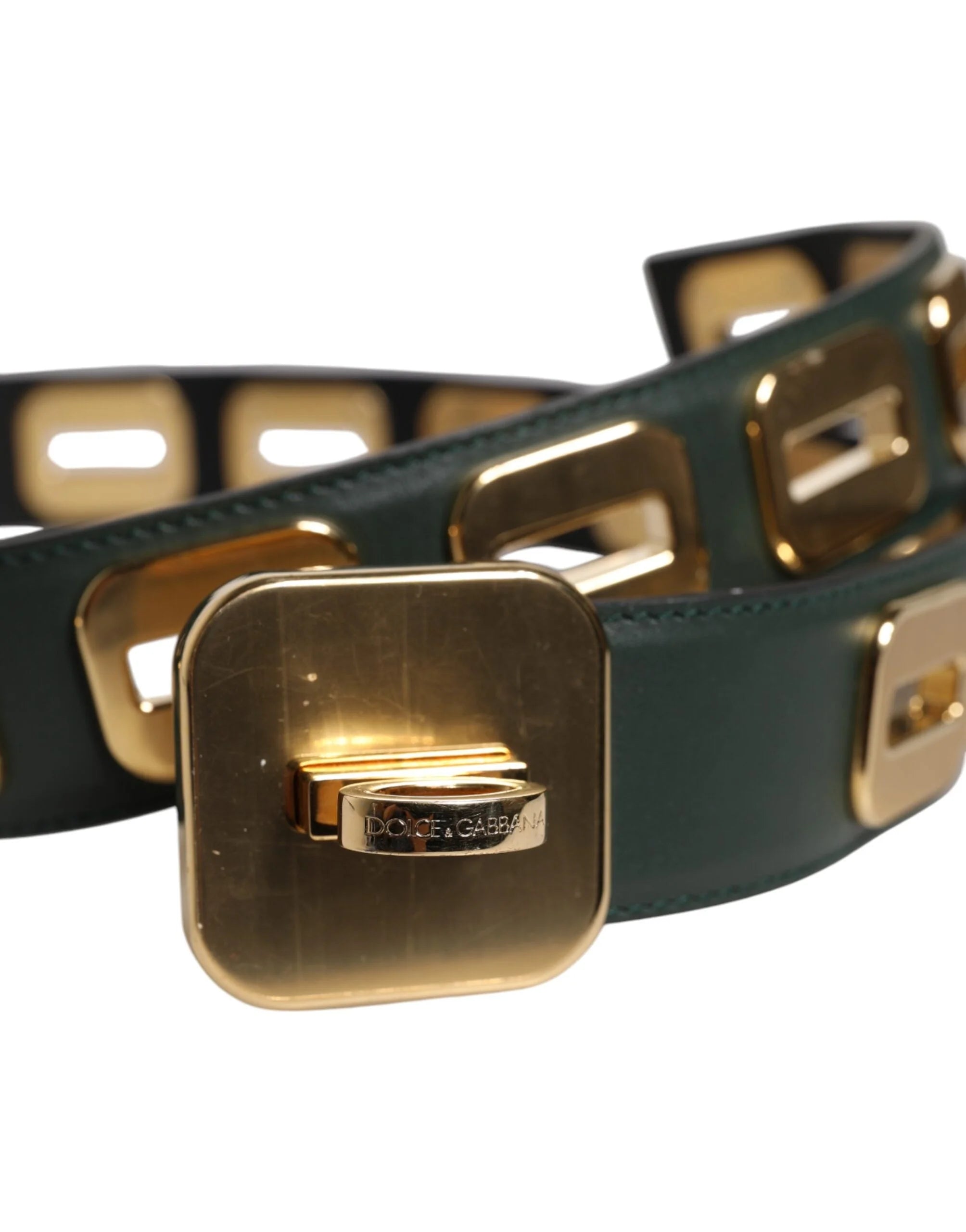 Dolce & Gabbana Green Leather Gold Tone Rotating Buckle Belt - 75 cm / 29,5 Inches - Belts
