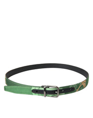Dolce & Gabbana Green Leather Jacquard Silver Metal Buckle Belt - 90 cm / 36 Inches - Belts