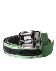 Dolce & Gabbana Green Leather Jacquard Silver Metal Buckle Belt - 90 cm / 36 Inches - Belts