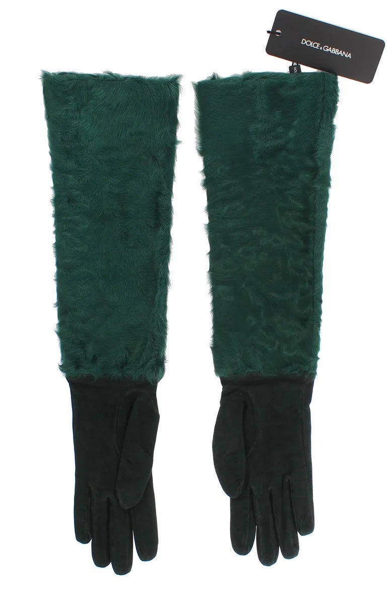 Dolce & Gabbana Green Leather Xiangao Fur Elbow Gloves - 8|M - Gloves & Mittens