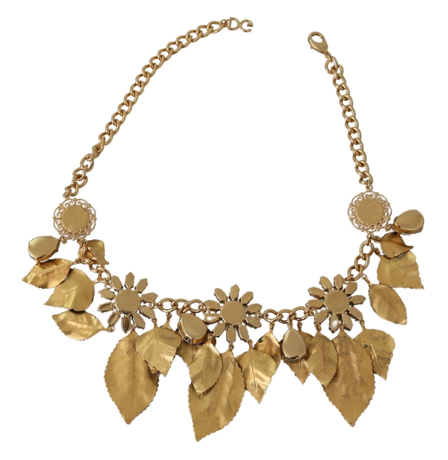 Dolce & Gabbana Green Leaves Gold Brass Crystal Flower Pendant Necklace - Necklaces