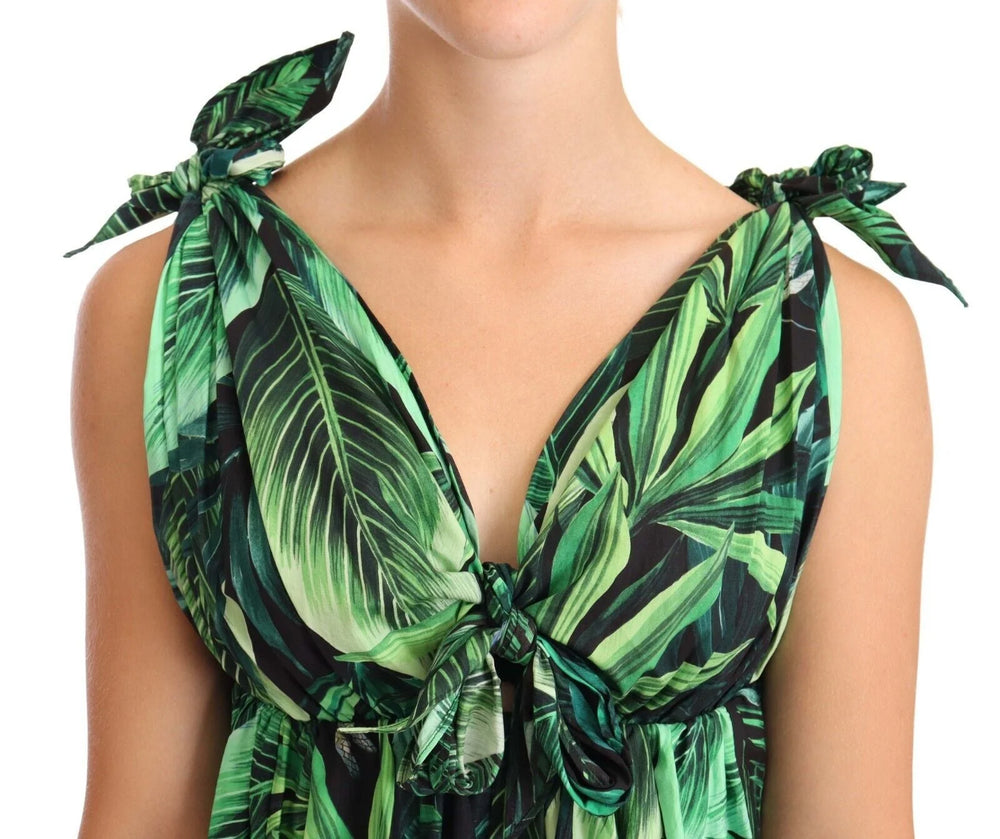 Dolce & Gabbana Green Leaves Print Cotton Flared Mini Dress - IT38|XS - Dresses
