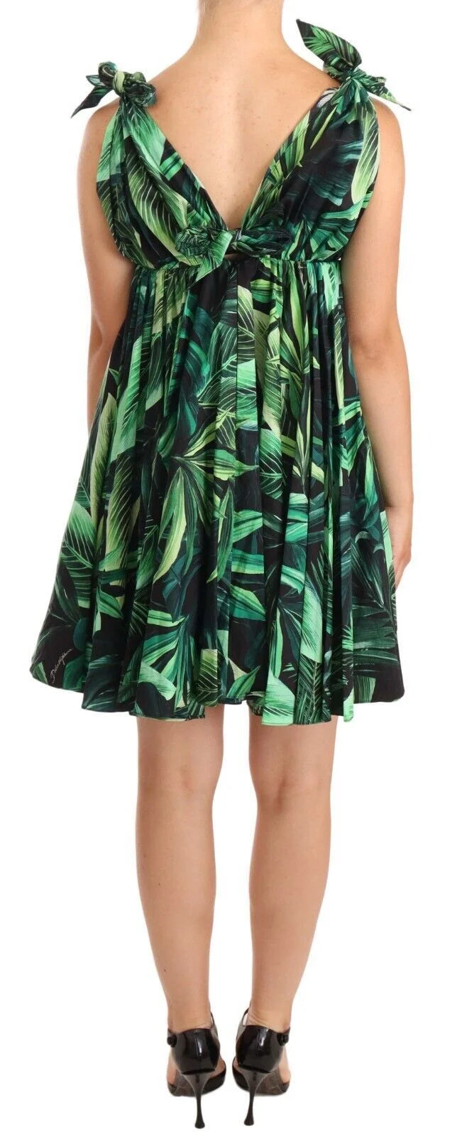 Dolce & Gabbana Green Leaves Print Cotton Flared Mini Dress - IT38|XS - Dresses