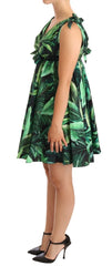 Dolce & Gabbana Green Leaves Print Cotton Flared Mini Dress - IT38|XS - Dresses