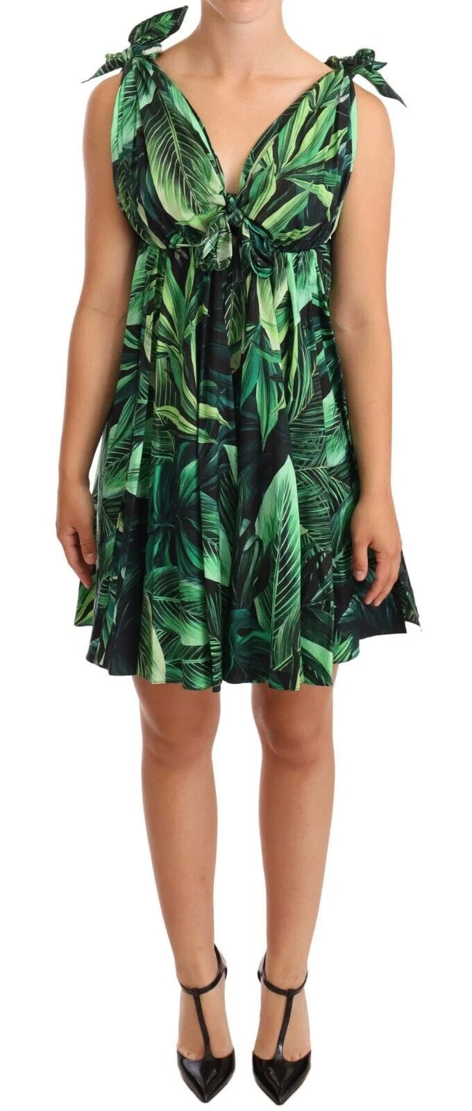 Dolce & Gabbana Green Leaves Print Cotton Flared Mini Dress - IT38|XS - Dresses