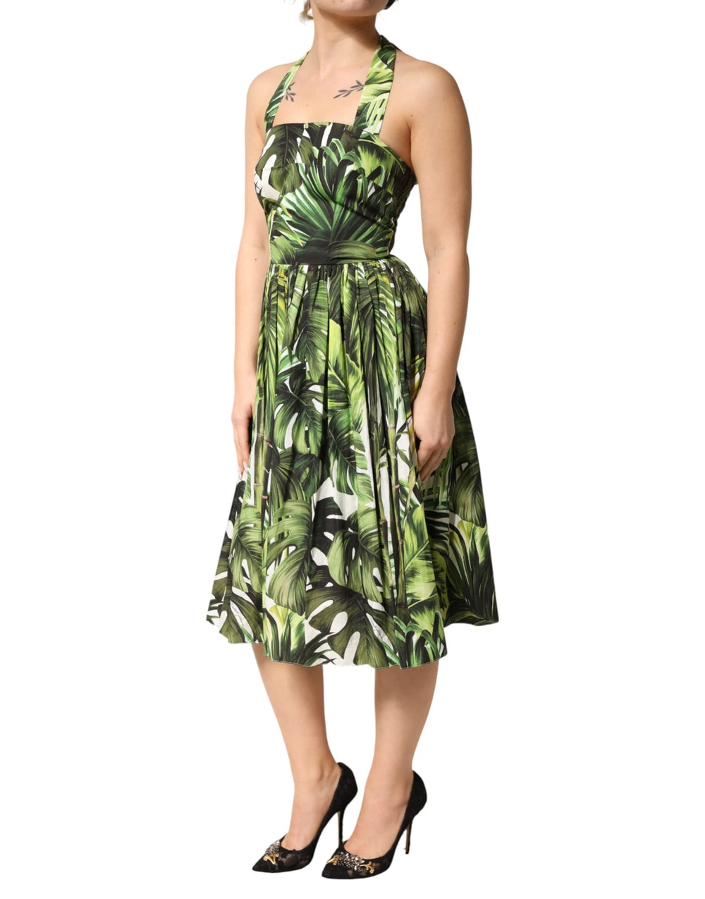 Dolce & Gabbana Green Leaves Print Cotton Halter Midi Dress - IT38 | XS