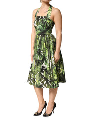 Dolce & Gabbana Green Leaves Print Cotton Halter Midi Dress - IT38 | XS