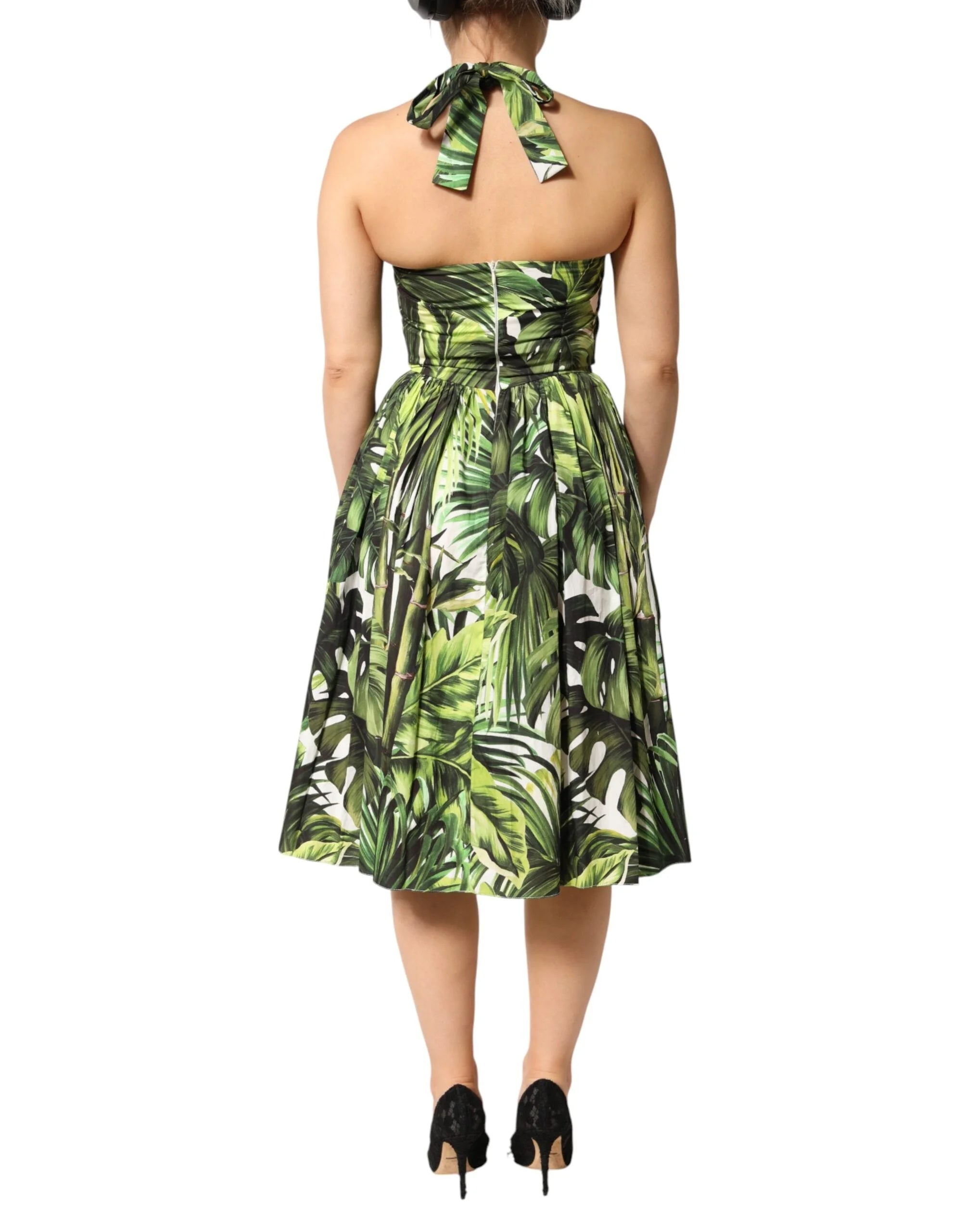 Dolce & Gabbana Green Leaves Print Cotton Halter Midi Dress - IT38 | XS