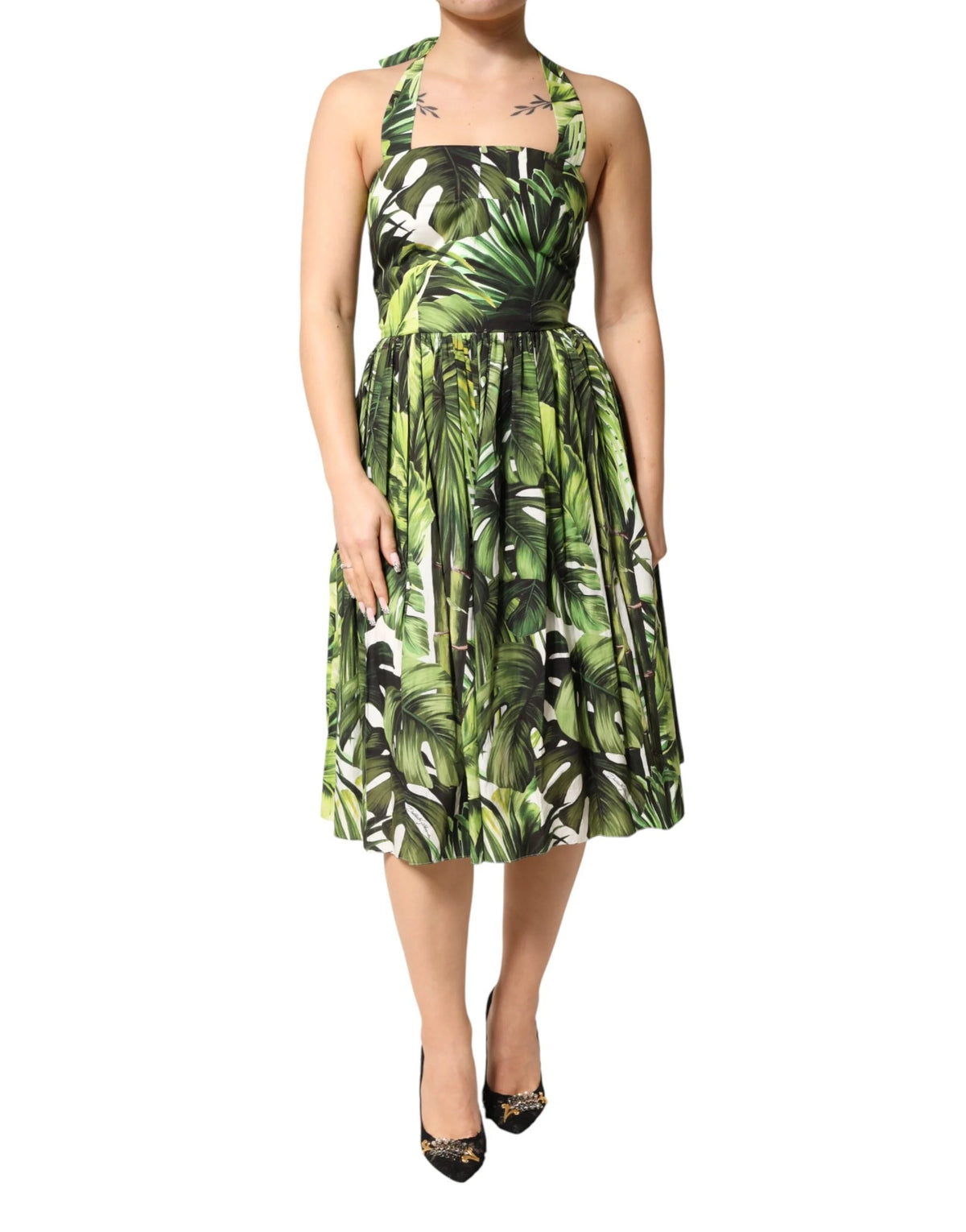 Dolce & Gabbana Green Leaves Print Cotton Halter Midi Dress - IT38 | XS