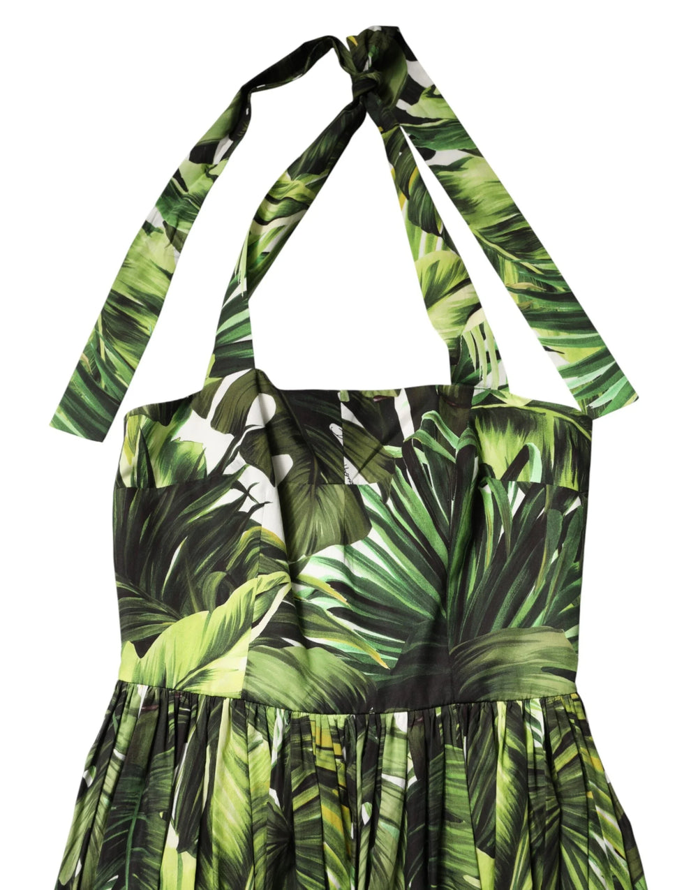 Dolce & Gabbana Green Leaves Print Cotton Halter Midi Dress - IT38 | XS