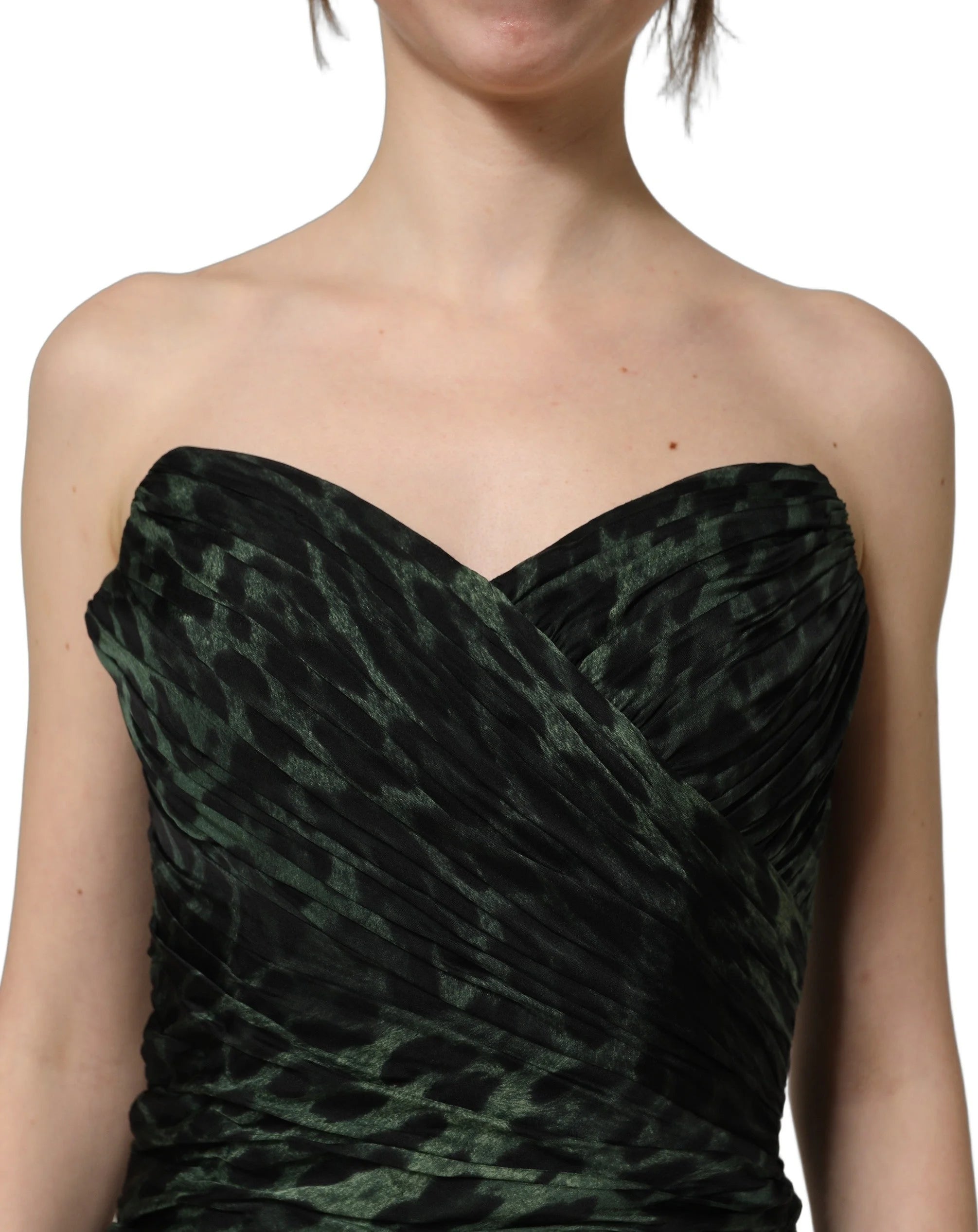 Dolce & Gabbana Green Leopard Print Bustier Draped Midi Dress - IT40|S