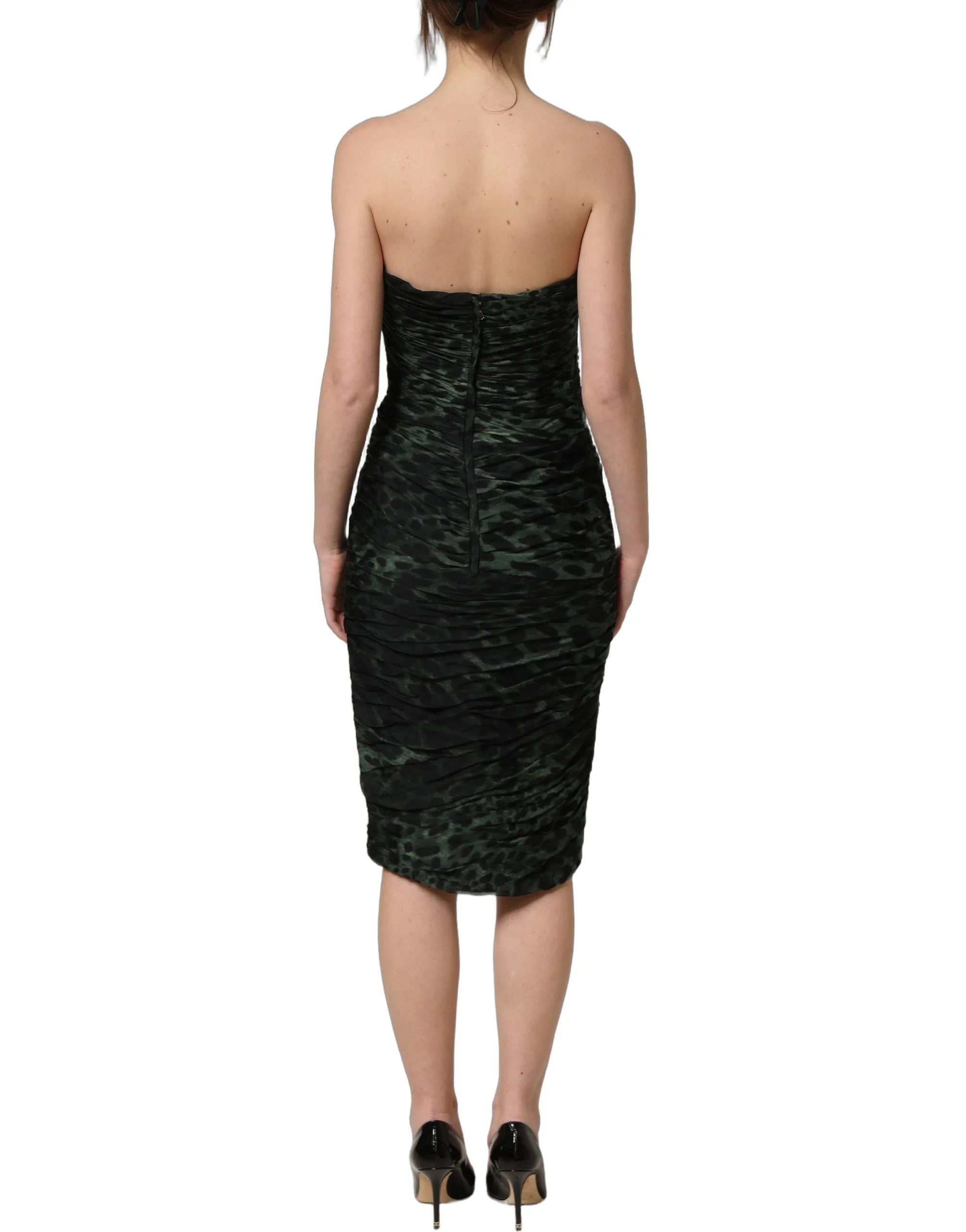 Dolce & Gabbana Green Leopard Print Bustier Draped Midi Dress - IT40|S
