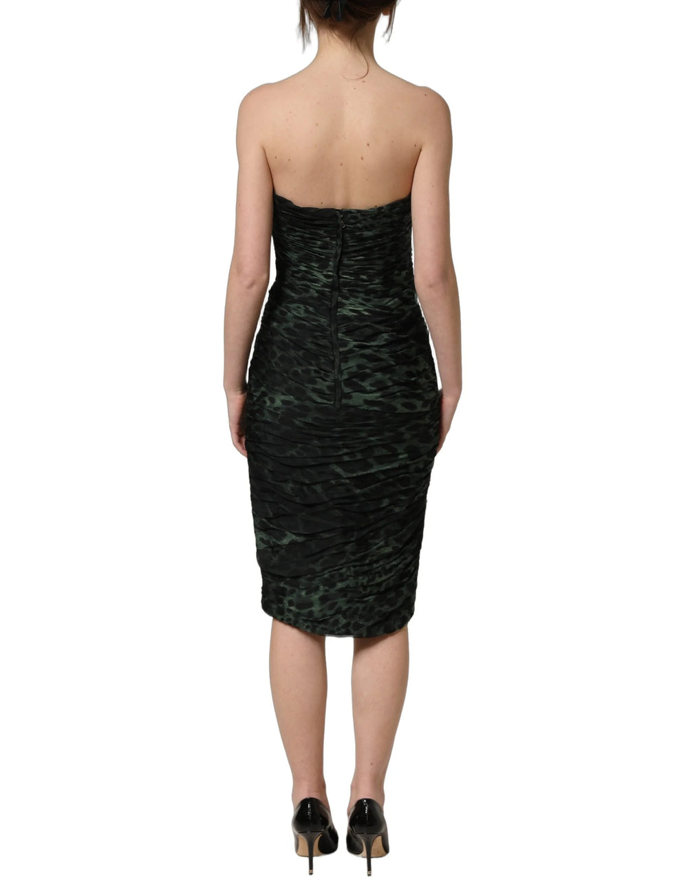 Dolce & Gabbana Green Leopard Print Bustier Draped Midi Dress - IT40|S